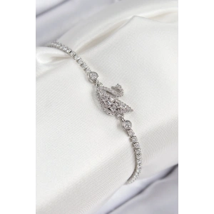 Pirinç Zirkon Taşlı Kuğu Model Gümüş Renk Kadın Bileklik - TJ-BB7690