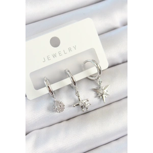 Pirinç Zirkon Taşlı Kutup Yıldızı Model Gümüş Renk 3lü Çift Kadın Küpe Set - TJ-BKP10807