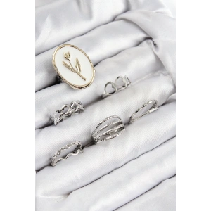 Pirinç Zirkon Taşlı Lale Model Gümüş Renk Kadın Yüzük Kombin Set