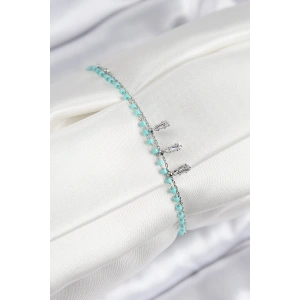 Pirinç Zirkon Taşlı Mavi Boncuklu Model Gümüş Renk Kadın Bileklik - TJ-BB7582
