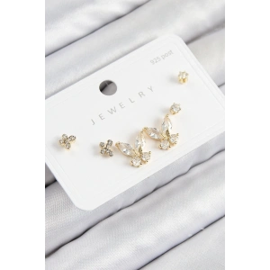 Pirinç Zirkon Taşlı Model Gold Renk 925 Ayar Gümüş Çivi Kadın Küpe Set - TJ-BKP11166