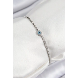 Pirinç Zirkon Taşlı Nazar Model Ezme Zincir Gümüş Renk Kadın Bileklik - TJ-BB7584