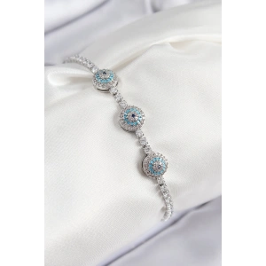 Pirinç Zirkon Taşlı Nazar Model Gümüş Renk Kadın Bileklik