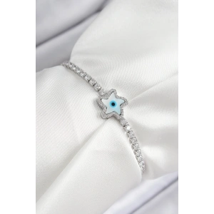 Pirinç Zirkon Taşlı Nazar Yıldız Model Gümüş Renk Asansörlü Kadın Bileklik