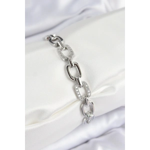 Pirinç Zirkon Taşlı Parçalı Zincir Model Gümüş Renk Kadın Bileklik - TJ-BB7536