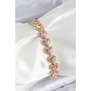 Pirinç Zirkon Taşlı Pembe Kalp Baget Model Gold Renk VIP Seri Kadın Bileklik - TJ-BB7502