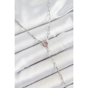 Pirinç Zirkon Taşlı Pembe Kalp Figürlü Y Model Gümüş Renk Kadın Kolye - TJ-BKO10319