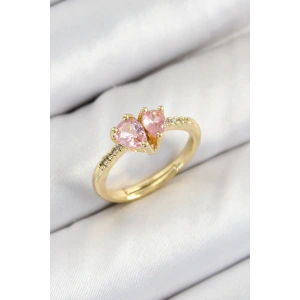 Pirinç Zirkon Taşlı Pembe Kalp Model Gold Renk Kadın Yüzük - TJ-BYK3802