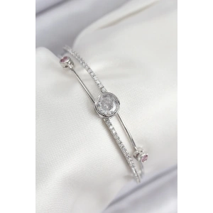 Pirinç Zirkon Taşlı Pırlanta Model Gümüş Renk Kadın Bileklik - TJ-BB7880
