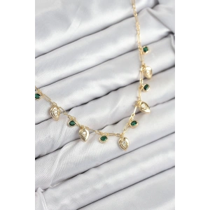 Pirinç Zirkon Taşlı Sallantılı Damla Model Gold Renk Kadın Kolye - TJ-BKO10493