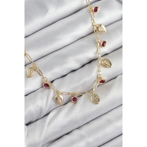 Pirinç Zirkon Taşlı Sallantılı Damla Model Gold Renk Kadın Kolye - TJ-BKO10495