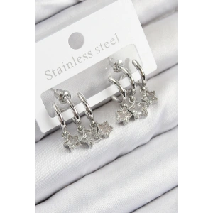 Pirinç Zirkon Taşlı Sallantılı Yıldız Model Gümüş Renk Kadın Küpe