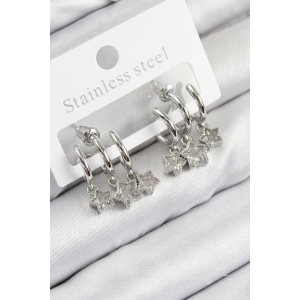 Pirinç Zirkon Taşlı Sallantılı Yıldız Model Gümüş Renk Kadın Küpe - TJ-BKP11116