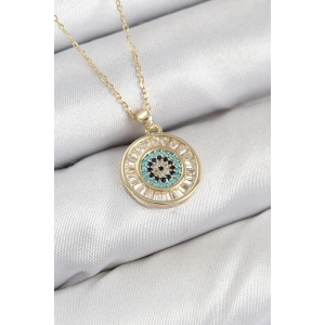 Pirinç Zirkon Taşlı Su Yolu Nazar Model Gold Renk Kadın Kolye - TJ-BKO10428