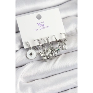 Pirinç Zİrkon Taşlı ve Yıldız Model Gümüş Renk 3lü Çift Kadın Küpe - TJ-BKP10958