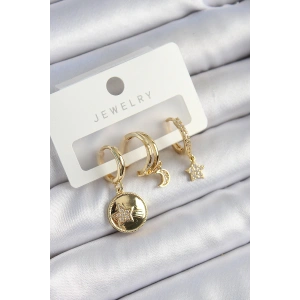 Pirinç Zirkon Taşlı Yıldız Ve Ay Model Gold Renk 3lü Çift Kadın Küpe Set - TJ-BKP10833