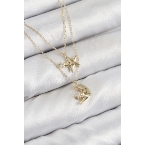 Pirinç Zirkon Taşlı Yıldız Ve Ay Model Gold Renk Kadın Kolye