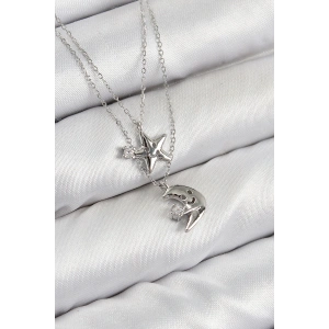 Pirinç Zirkon Taşlı Yıldız Ve Ay Model Gümüş Renk Kadın Kolye