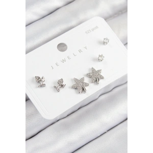 Pirinç Zirkon Taşlı Yıldız Ve Gül Model Gümüş Renk 925 Ayar Gümüş Çivi Kadın Küpe Set