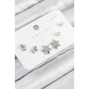 Pirinç Zirkon Taşlı Yıldız Ve Gül Model Gümüş Renk 925 Ayar Gümüş Çivi Kadın Küpe Set - TJ-BKP11179
