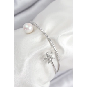 Pirinç Zirkon Taşlı Yıldız Ve İnci Model Gümüş Renk Kadın Bileklik - TJ-BB7884