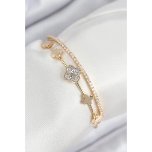 Pirinç Zirkon Taşlı Yonca Model Gold Renk Kadın Bileklik - TJ-BB7885