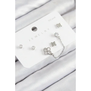 Pirinç Zirkon Taşlı Yonca Model Gümüş Renk 925 Ayar Gümüş Çivi Kadın Küpe Set