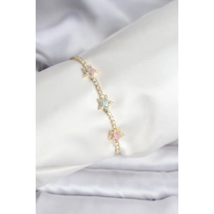 Renkli Yıldız Model Zirkon Taşlı Gold Renk Pirinç Su Yolu Kadın Bileklik - TJ-BB8100