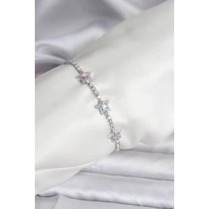 Renkli Yıldız Model Zirkon Taşlı Gümüş Renk Pirinç Su Yolu Kadın Bileklik - TJ-BB8101