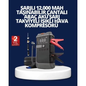 Şarjlı 12000 mAh Araç Akü Takviye ve Ha Kompresörü 4’ü 1 Arada