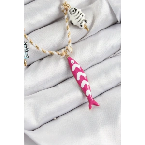 Seramik Motifli Pembe Balık Figürlü Model Krem İp Kadın Kolye