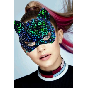 Siyah Kadife Kumaş Üzerine Mavi Yeşil Payetli Pullu Parti Maskesi 16x14 cm