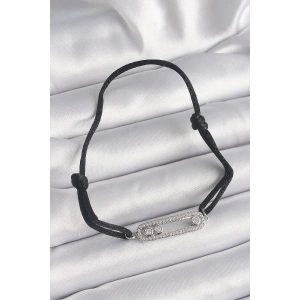 Siyah Renk İpli Asansör Zirkon Taşlı Gümüş Messika Model Kadın Bileklik - TJ-BB6580