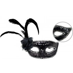 Siyah Renk Yandan Tüylü Güllü Gümüş Taşlı Pullu Maske 20x22 cm