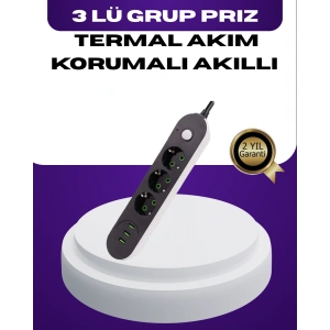 USB Yuvalı Anahtarlı Üçlü Priz 2 Metre Kablolu