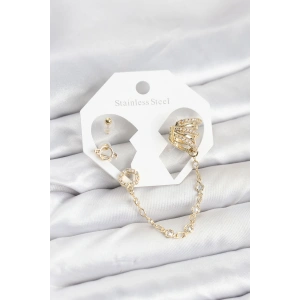 Uzay Model Pirinç Gold Renk Zincir Bağlantılı Ear Cuff Küpe Seti - TJ-BKP11546