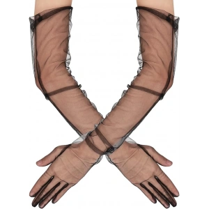 Uzun Boy Likralı Siyah Renk Yetişkin Mega Tül Eldiven 53 cm