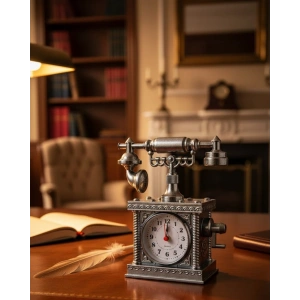 Vintage Telefon Tasarımlı Masa Saati ve Çalar Saat Dekoratif Model