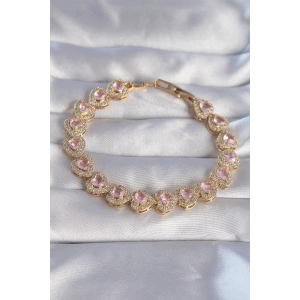 Vip Seri Pirinç Gold Renk Pembe Zirkon Taşlı Kalp Tasarımlı Bileklik - TJ-BB6127