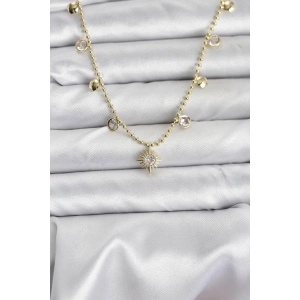 Zirkon Taşlı Kutup Yıldızı Model Pirinç Gold Renk Kadın Kolye - TJ-BKO10648