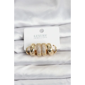 Zirkon Taşlı Pirinç Gold Renk Halka Kadın Küpe Seti