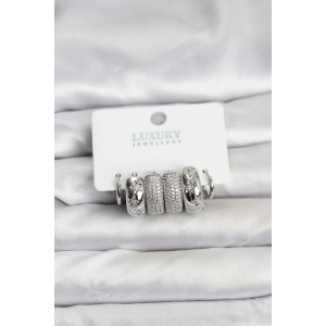 Zirkon Taşlı Pirinç Gümüş Renk Halka Kadın Küpe Seti