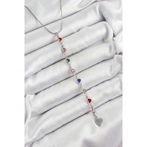 Pirinç Gümüş Renk Karışık Renk Zirkon Taşlı Kalpli Y Kadın Kolye