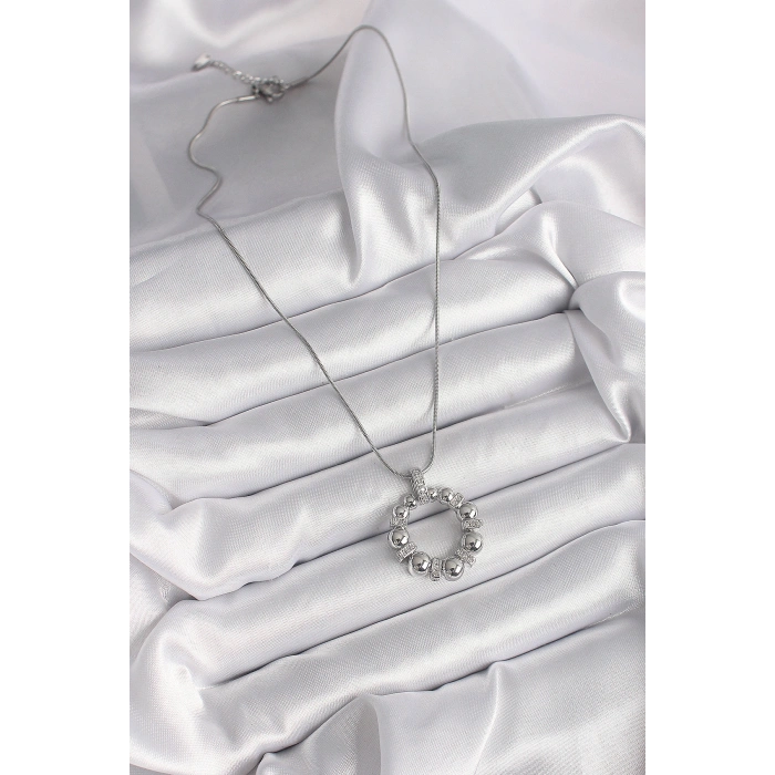 316L Çelik Gümüş Renk Zincir Zirkon Taş Detaylı Bombeli Halka Model Kadın Kolye