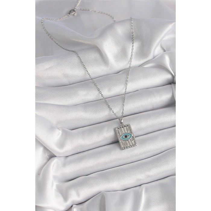 316L Çelik Gümüş Renk Zirkon Taşlı Göz İşleme Detaylı Plaka Model Kadın Kolye