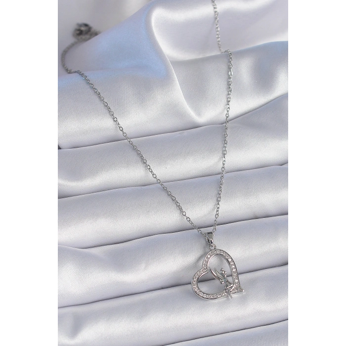 316L Çelik Zincir Gümüş Renk Zirkon Taşlı Kalp Model Melek Detay Kadın Kolye