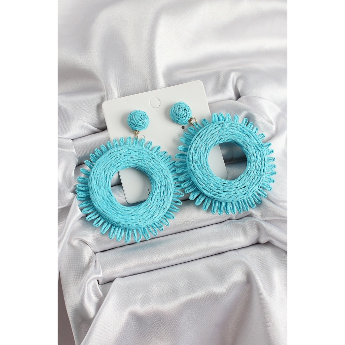 Mi Püsküllü Halka Figürlü Hasır Örgü Model Gold Renk Kadın Küpe