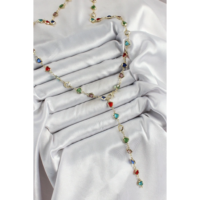 Pirinç Gold Renk Karışık Renk Zirkon Taşlı Kalpli Y Kadın Kolye