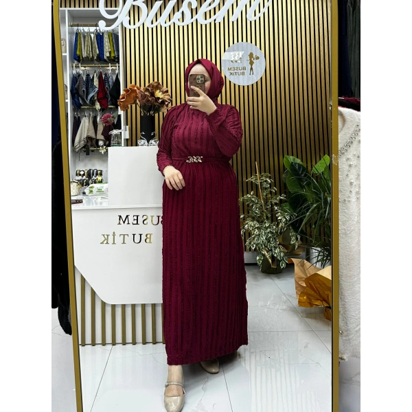 Bürümcük Gold Kemer Elbise Bordo
