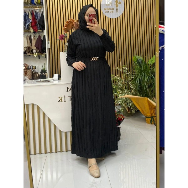 Bürümcük Gold Kemer Elbise Siyah
